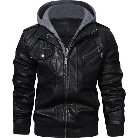 🆕 Men Black Faux Leather Zipper Motorcycle Bomber Jacket Stand Collar PU Hood - Picture 1 of 7